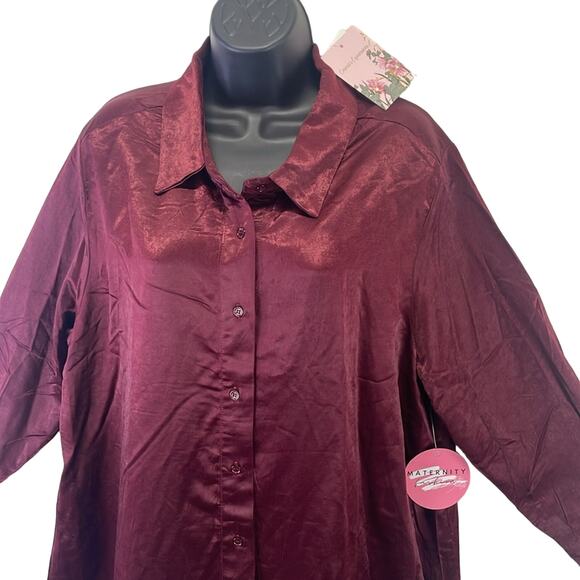 Emmas Expressions Wine Button Down Collar LS Silky Look/Feel Maternity NWT M Top - Picture 2 of 10